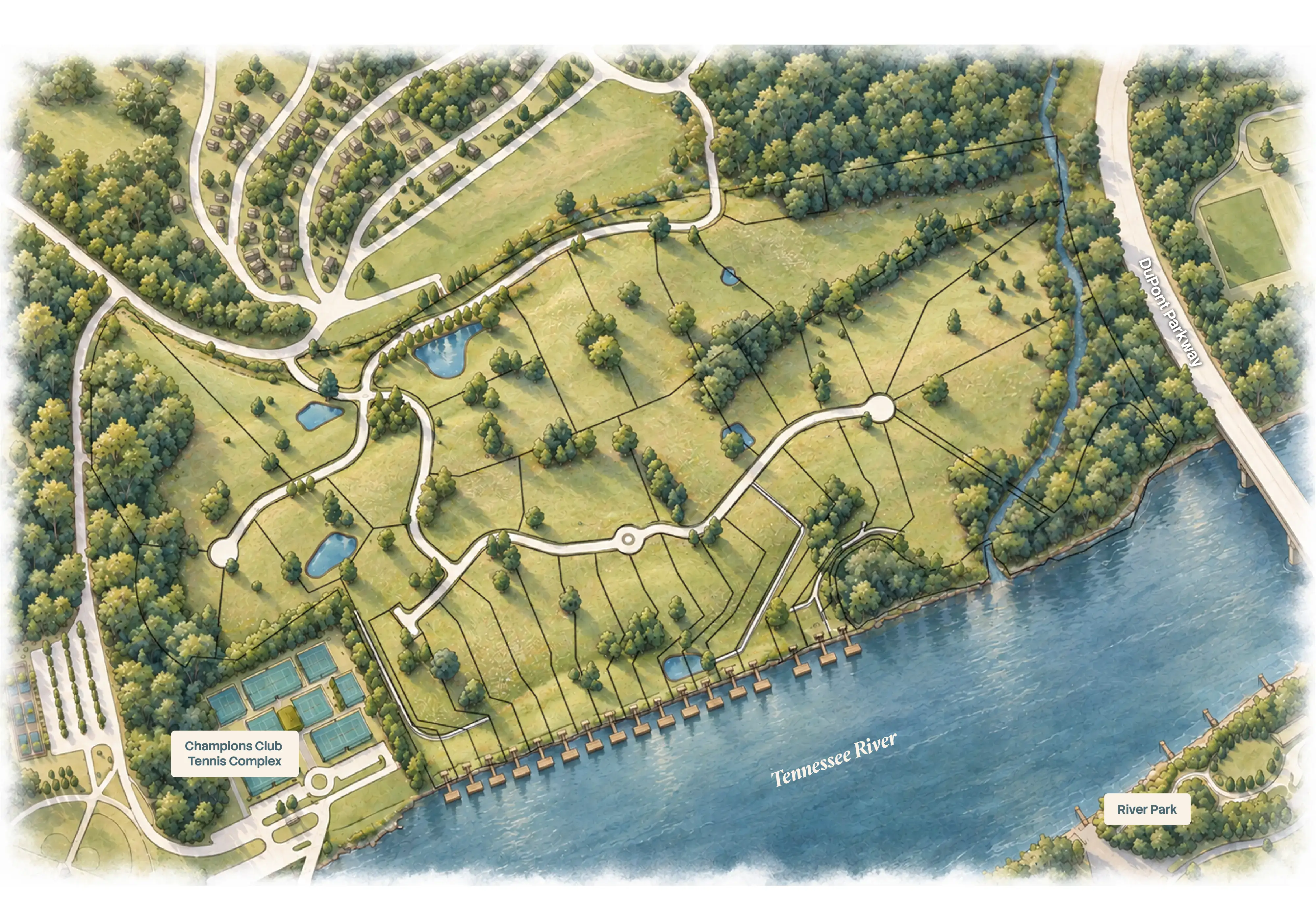 Illustrated map of Riverton Farms on the Tennessee River